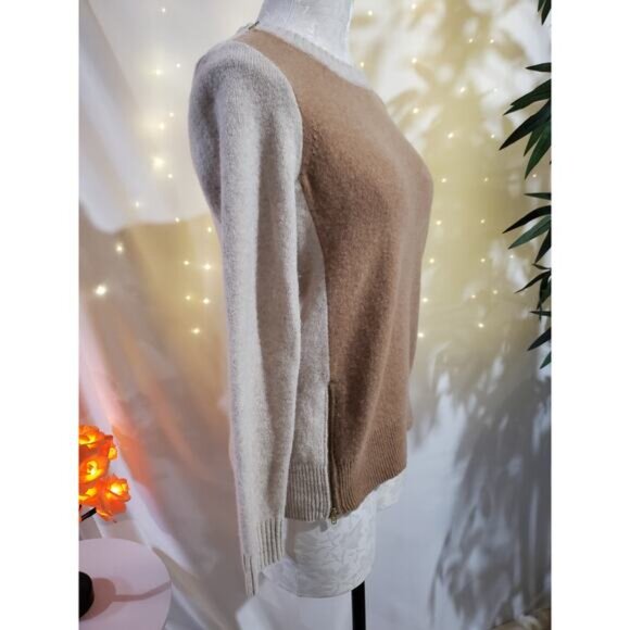 J. Crew Womens Double Zip 100% Wool Neutral Tan Colorblock Knit Sweater Size S - Picture 4 of 12
